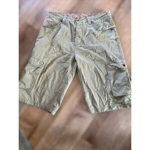 Vintage Y2K Crown Holder Japanese Khaki Cargo Embroidered Baggy Shorts Sz 40